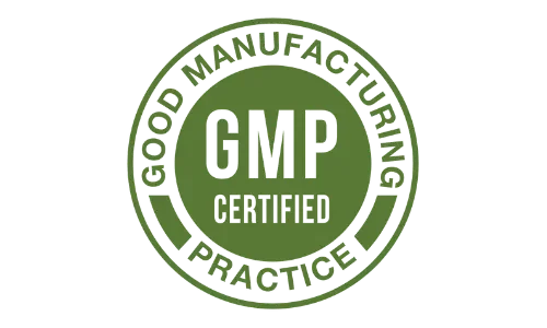 Green circular badge with the text ‘GMP Certified’ in the center and ‘Good Manufacturing Practice’ written around the border.