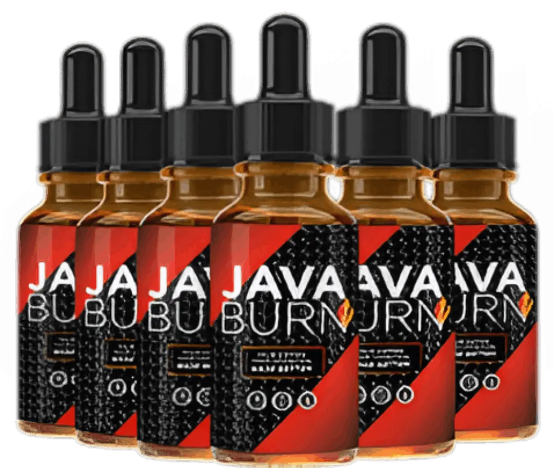 Six Java Burn supplement bottles arranged in a row with black and red labels featuring the product name and flame logo.