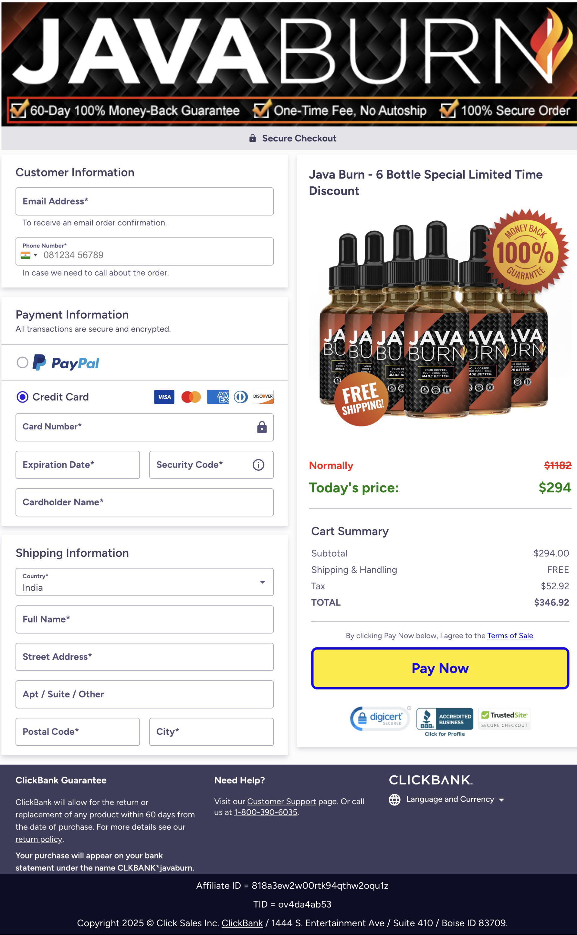 Java Burn checkout page showing 6-bottle limited-time offer for $294 with free shipping, 60-day money-back guarantee, and secure payment options.